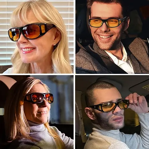 Four different people comfortably wearing Drive Bright anti-glare glasses