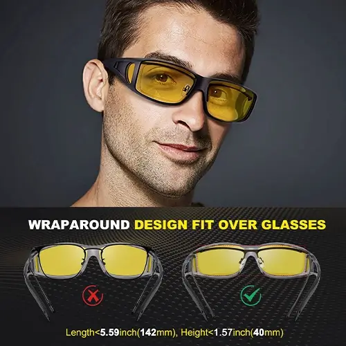 Wraparound design fit over glasses showing full direction light protection